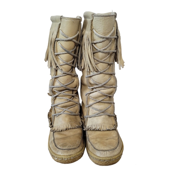 Vintage Cherokee beige gum sole mocassins winter leather boots with fringe Sz 8 - Picture 4 of 14